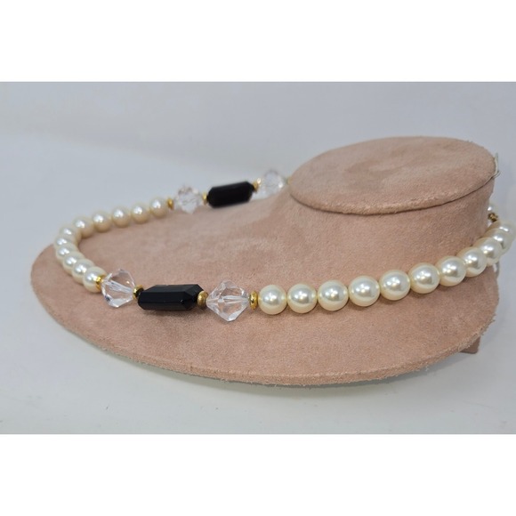Faux Pearl Black Onyx Beaded Choker Necklace 18" Vintage Fashion Costume Jewelry - Picture 2 of 10